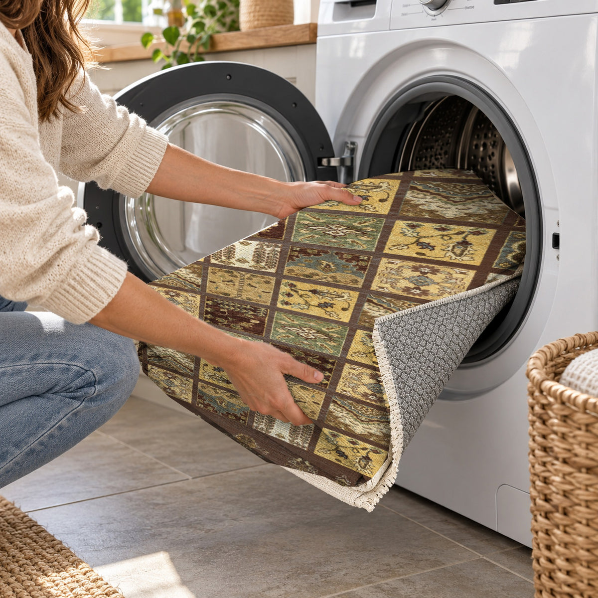 Patchwork Chocolate Ethnic Washable Rug — washing machine