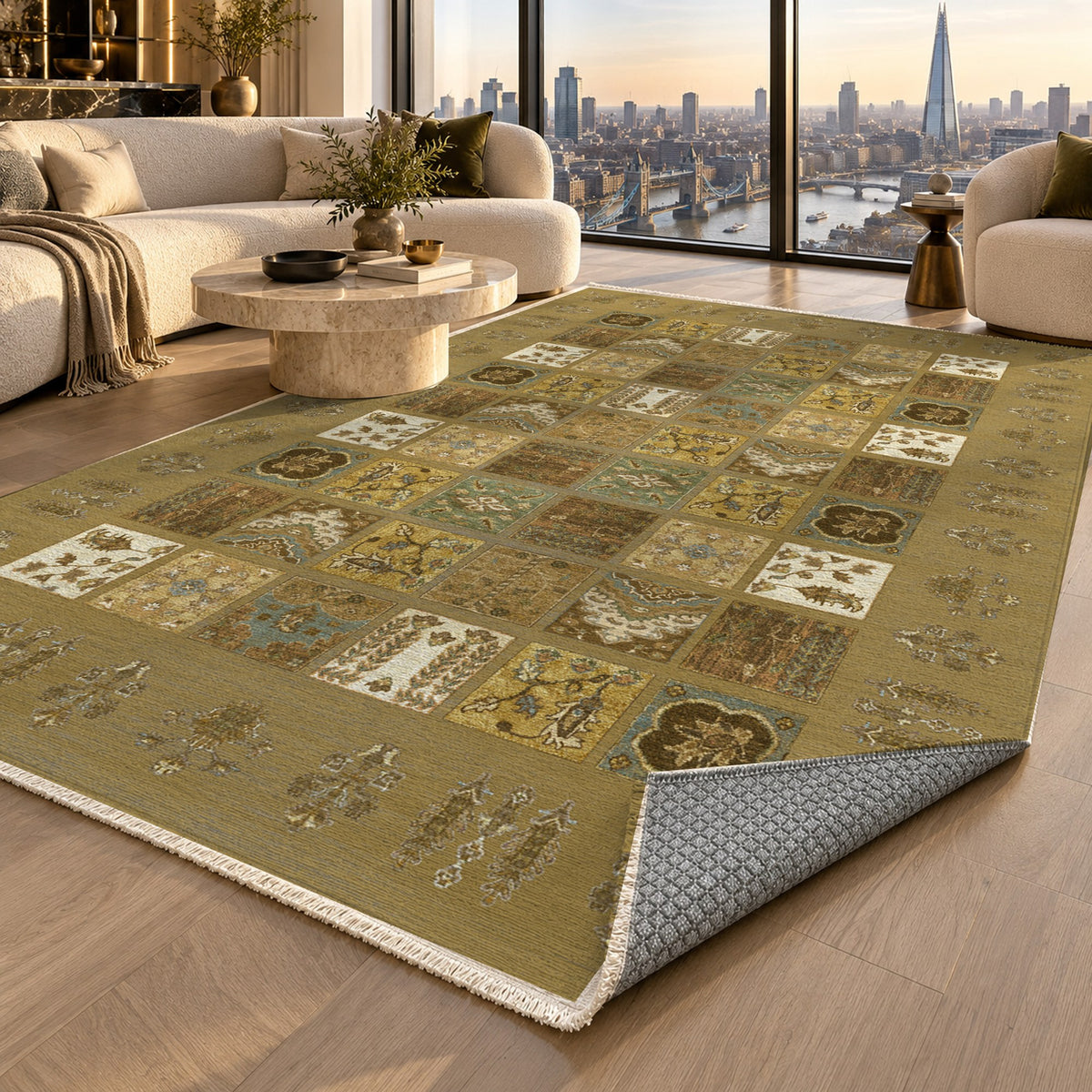 Patchwork Muted Gold Ethnic Washable Rug — london luxury living