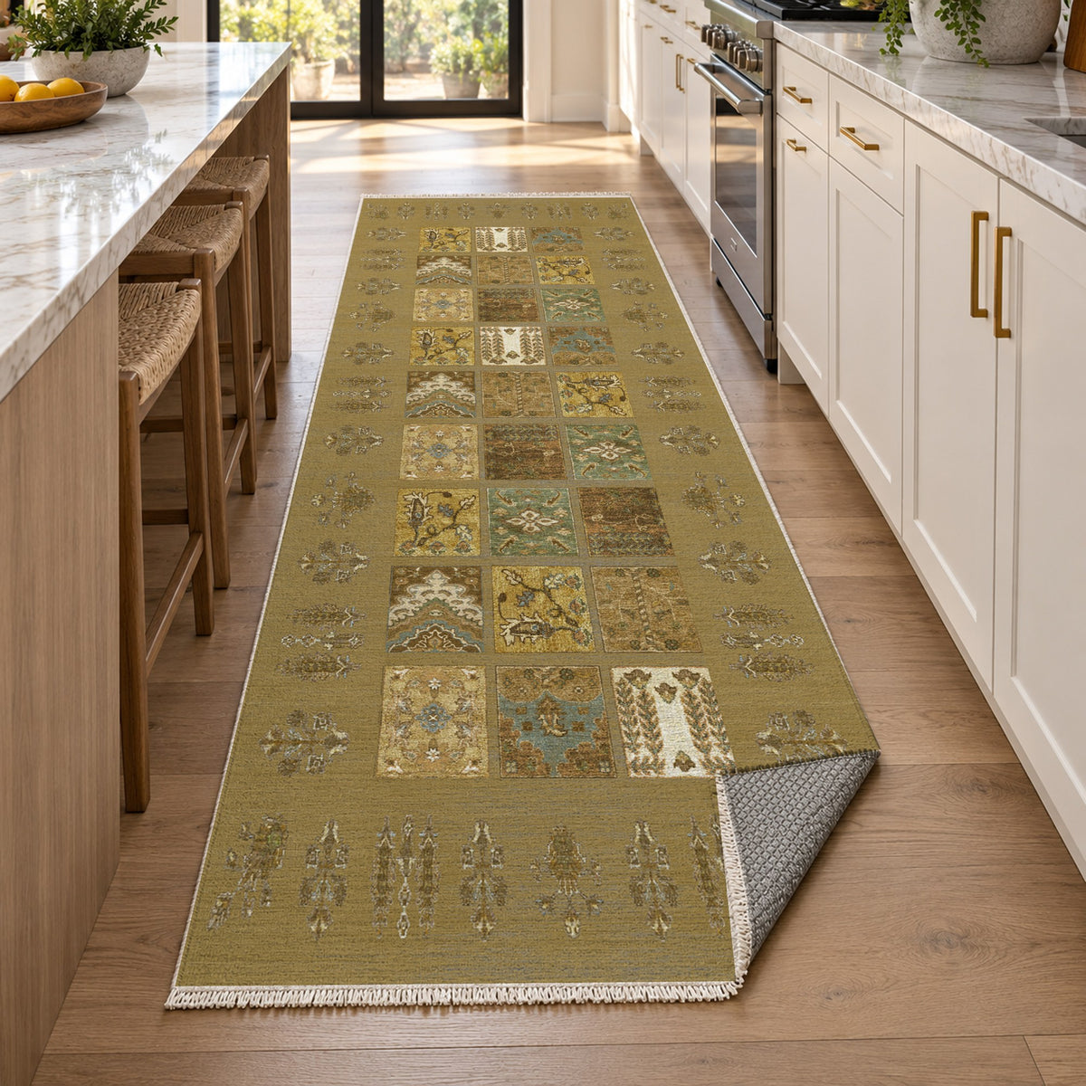 Patchwork Muted Gold Ethnic Washable Rug — new york kitchen runner