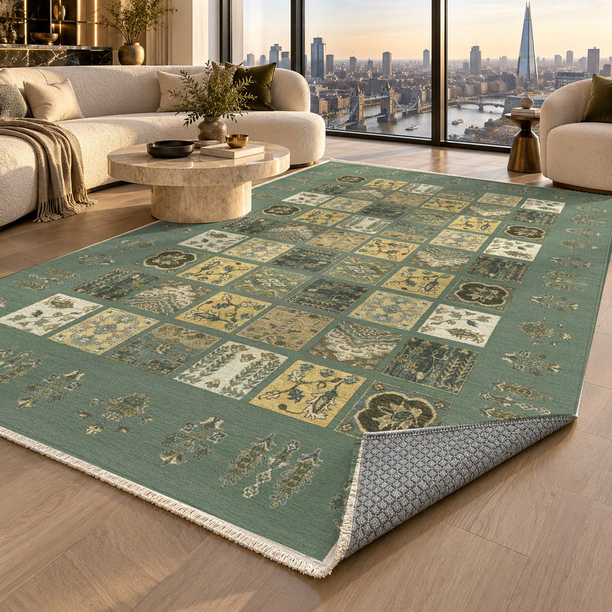 Patchwork Sage Ethnic Washable Rug — london luxury living