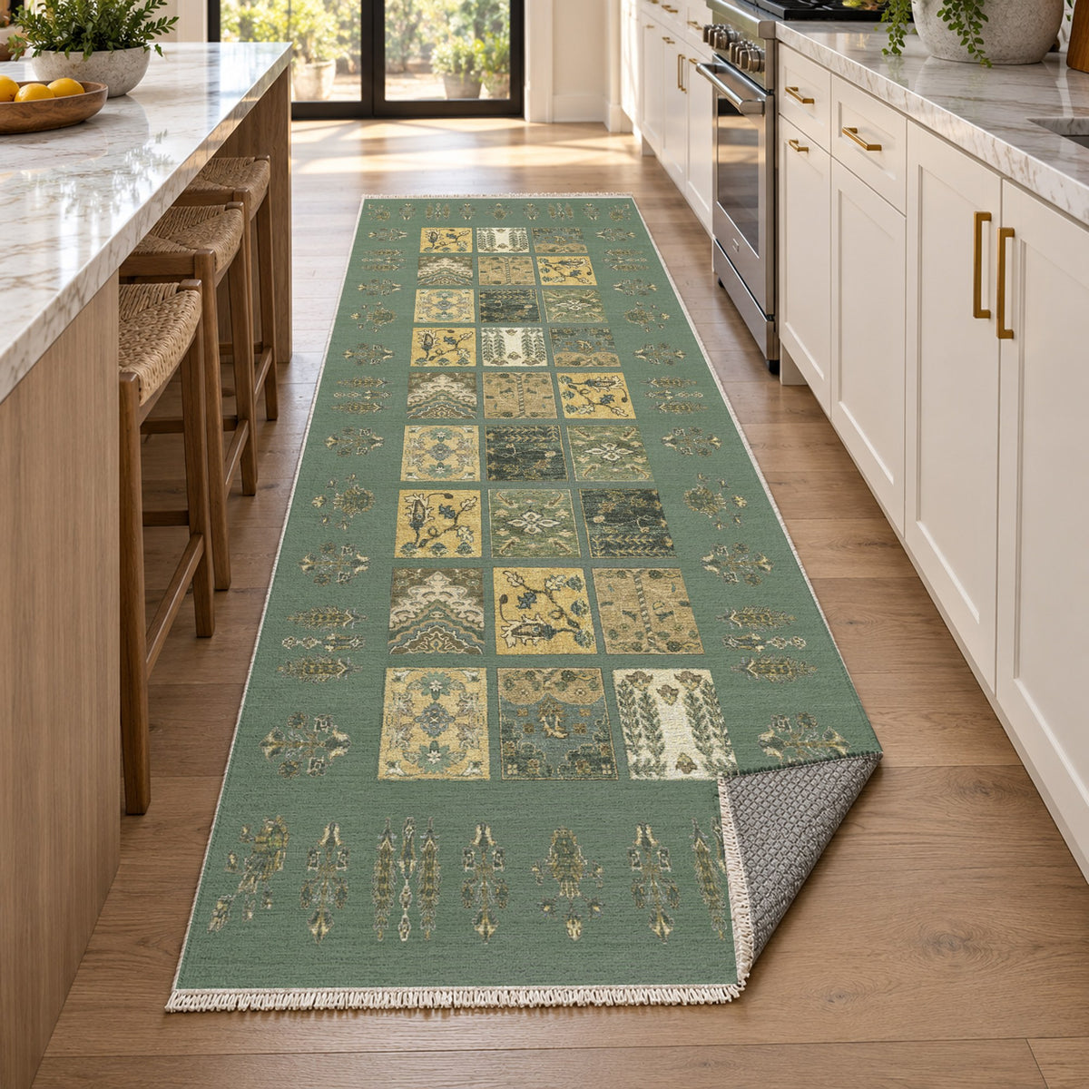 Patchwork Sage Ethnic Washable Rug — new york kitchen runner
