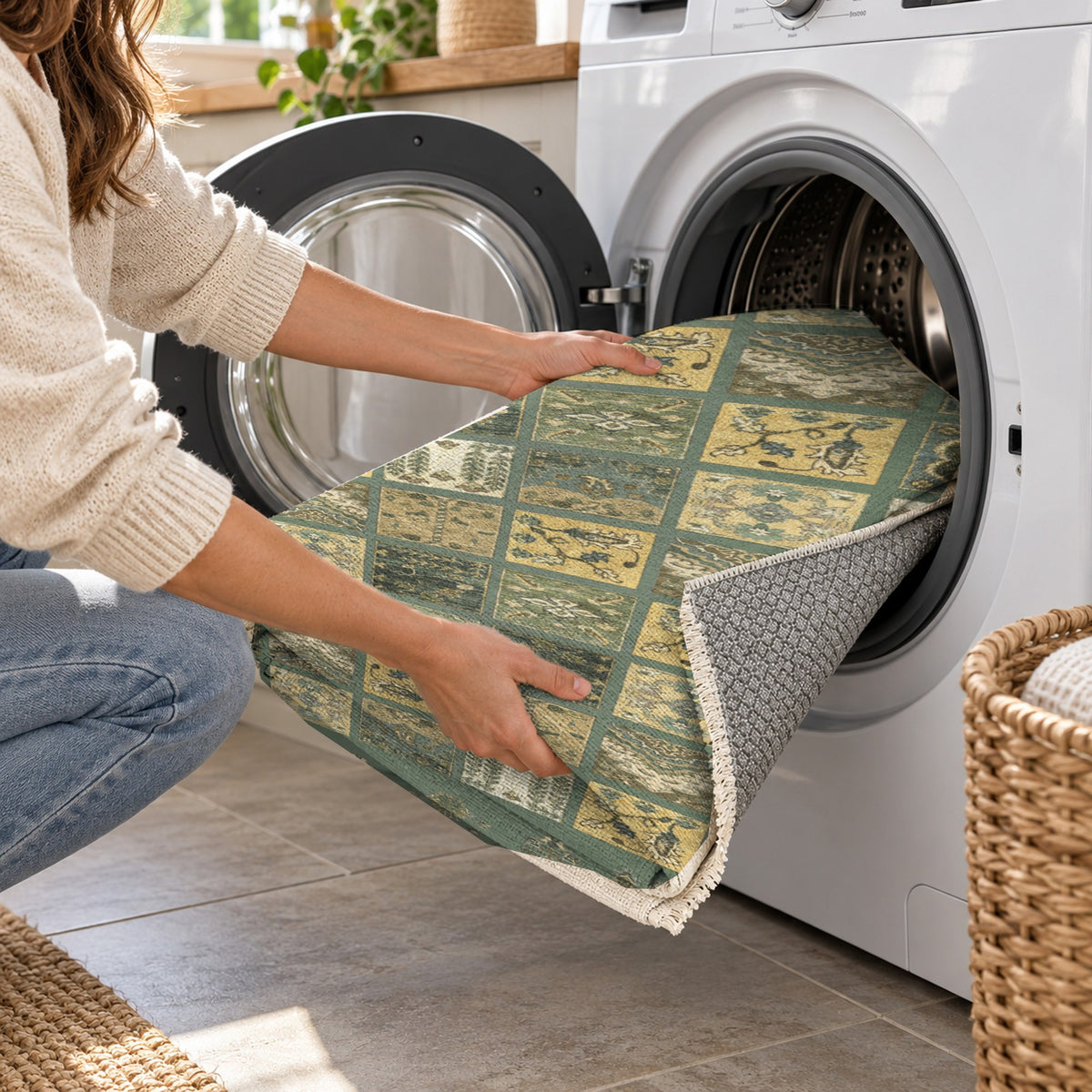 Patchwork Sage Ethnic Washable Rug — washing machine