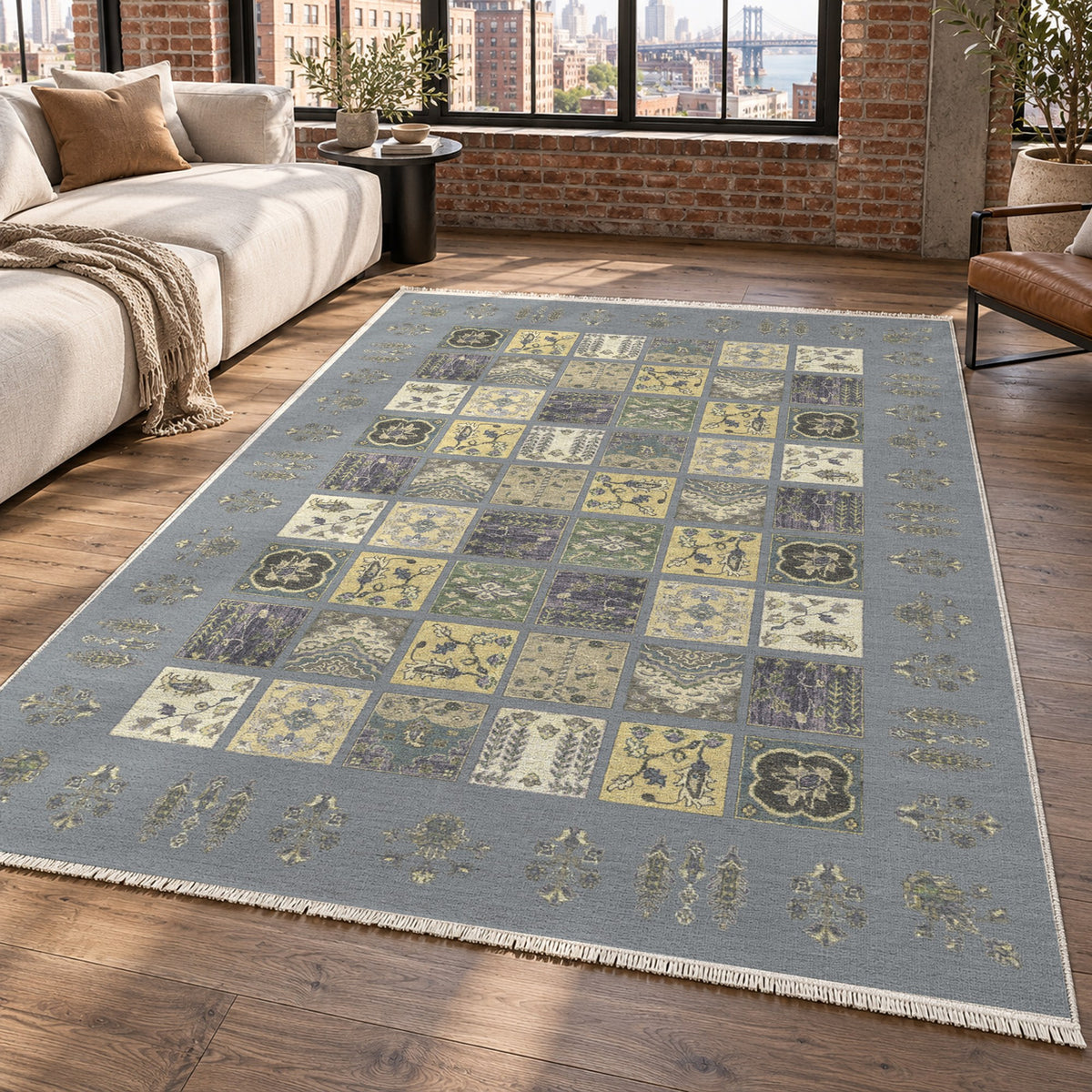 Patchwork Silver Grey Ethnic Washable Rug — new york living