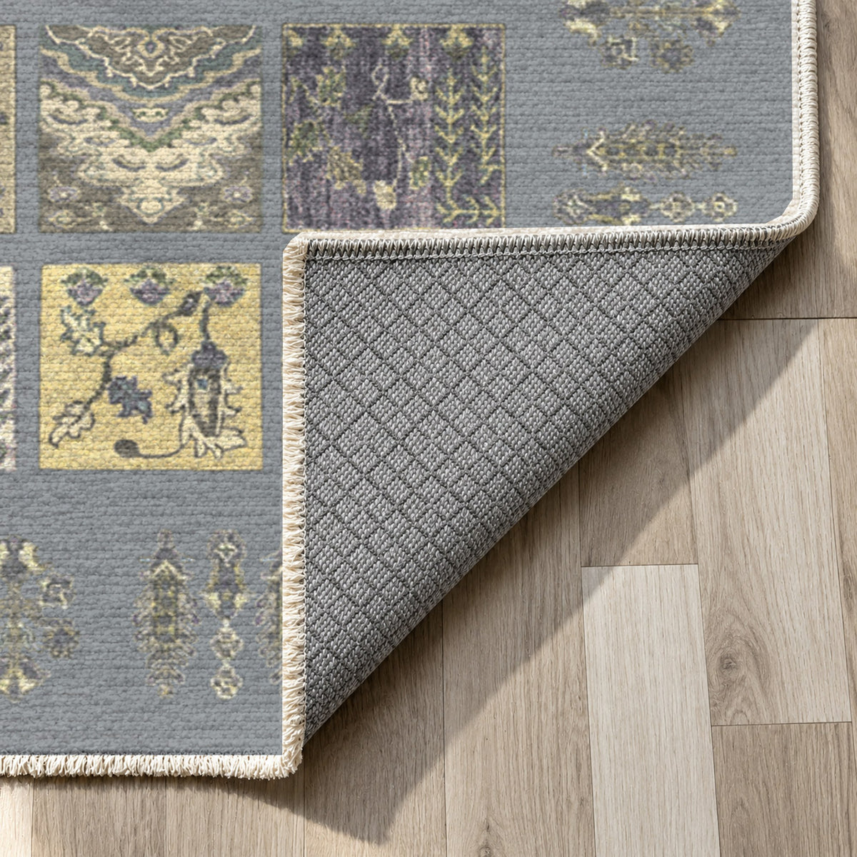 Patchwork Silver Grey Ethnic Washable Rug — backing close up