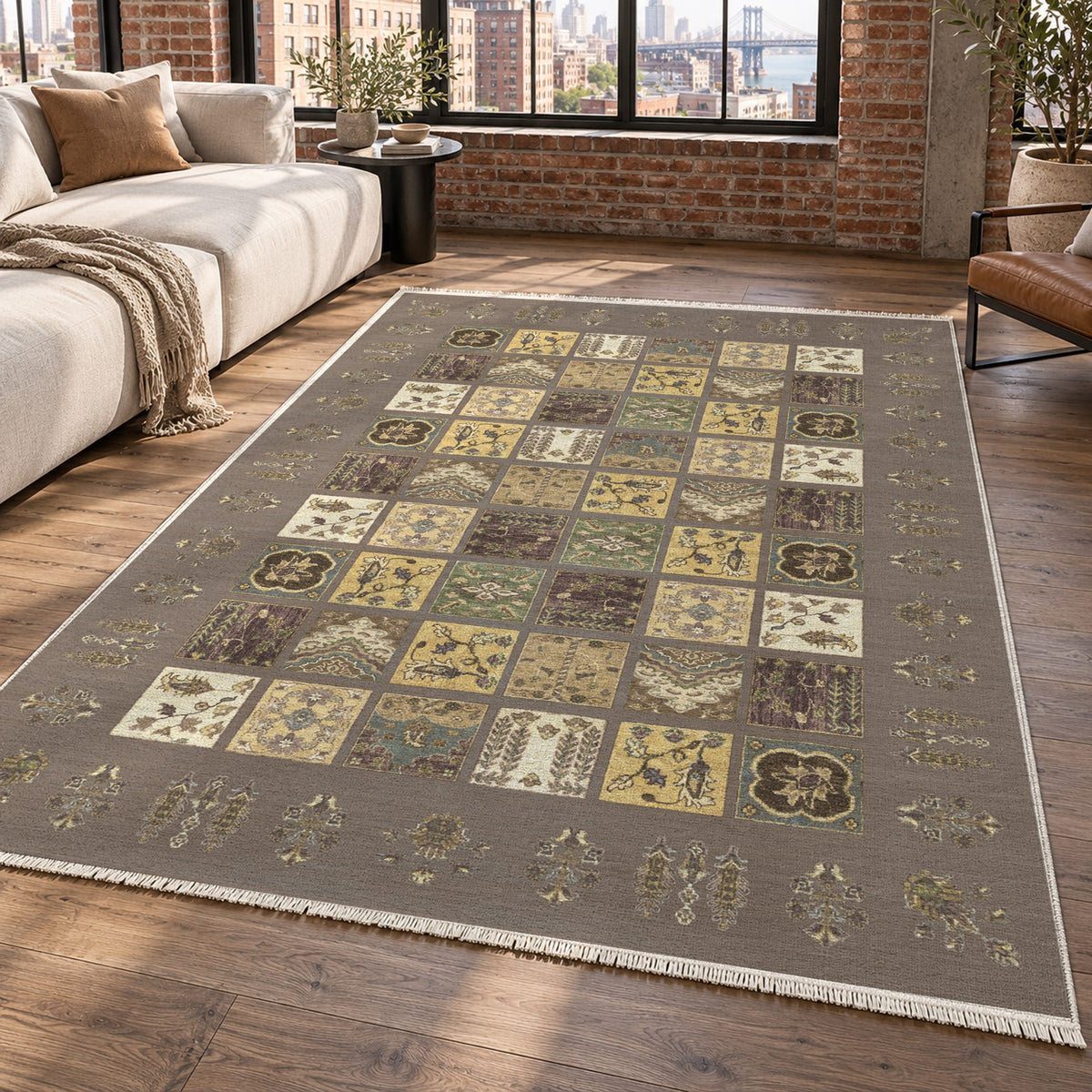 Patchwork Taupe Ethnic Washable Rug — new york living