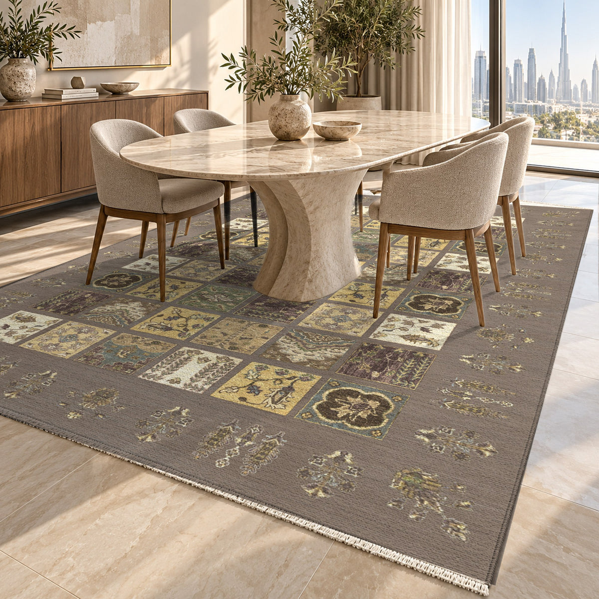 Patchwork Taupe Ethnic Washable Rug — dubai dining