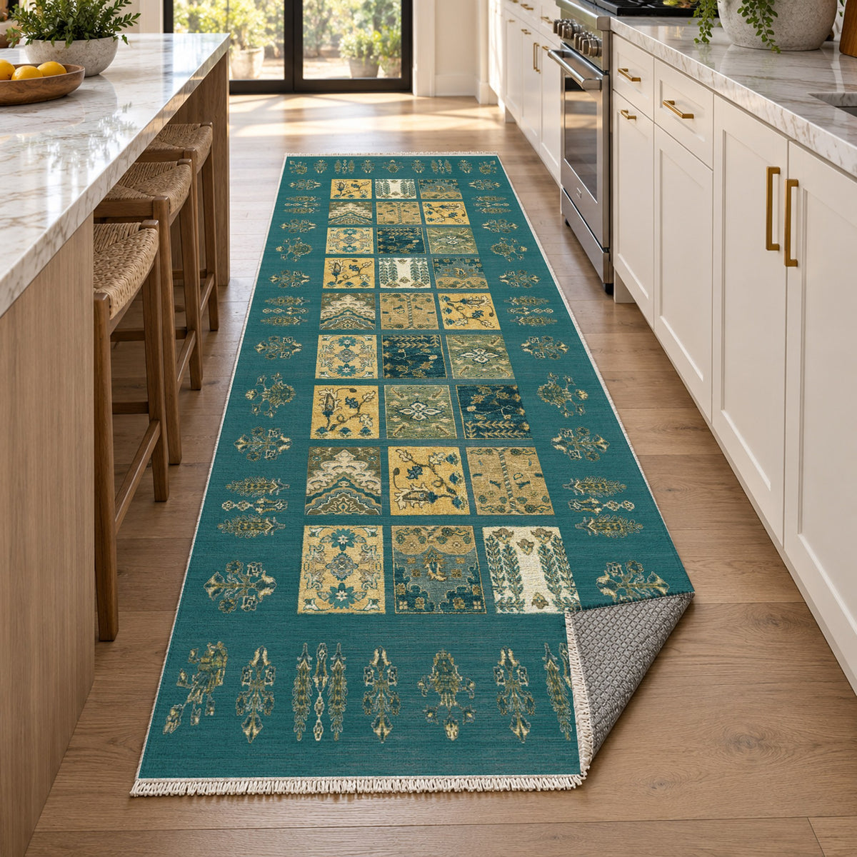 Patchwork Teal Ethnic Washable Rug — new york kitchen runner