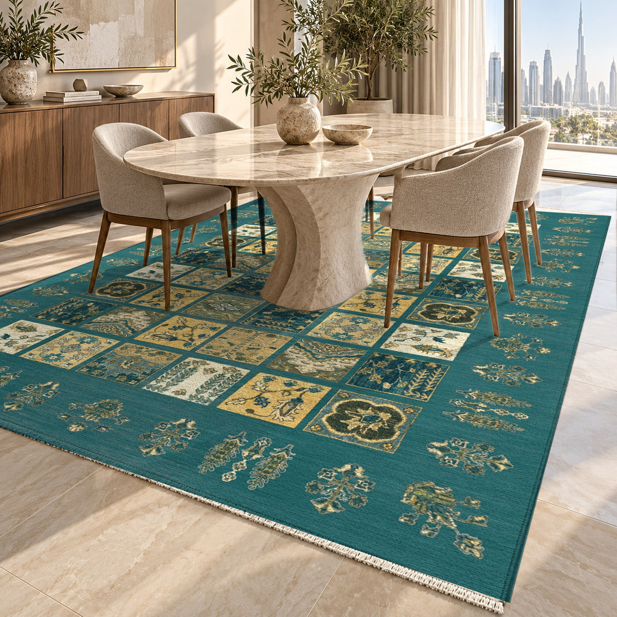 Patchwork Teal Ethnic Washable Rug — dubai dining