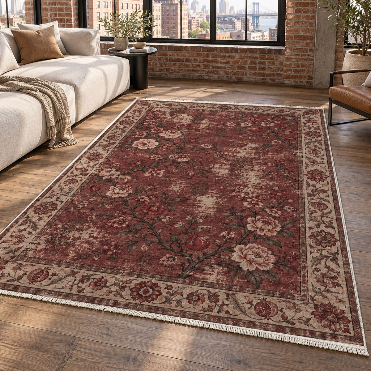 Patina Garden Burgundy Red Vintage Washable Rug — new york living