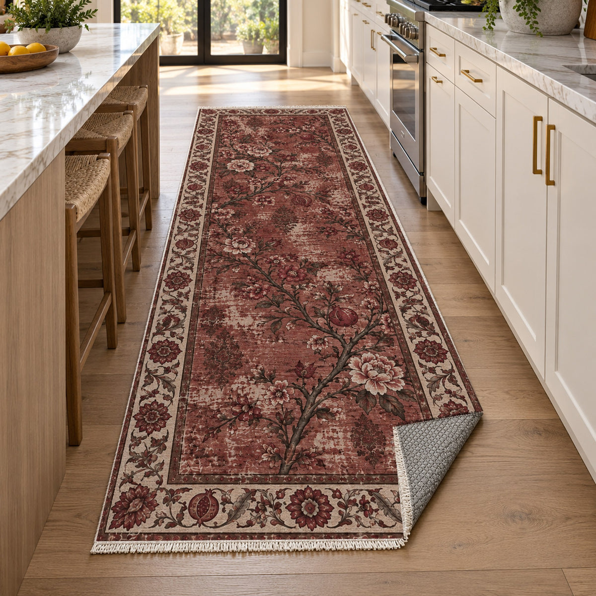 Patina Garden Burgundy Red Vintage Washable Rug — new york kitchen runner