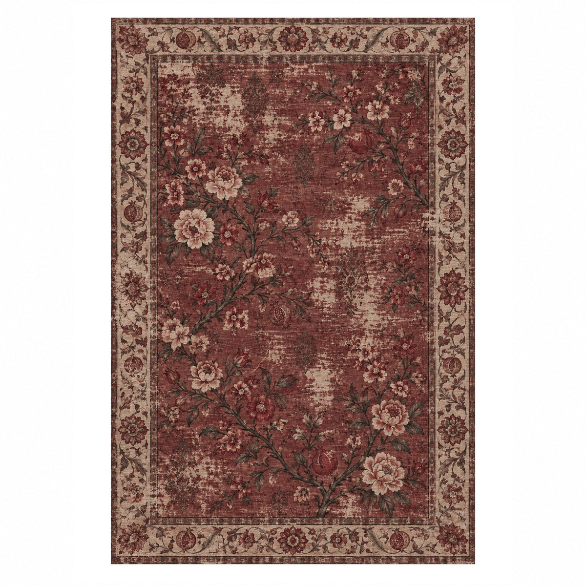 Patina Garden Burgundy Red Vintage Washable Rug — top view