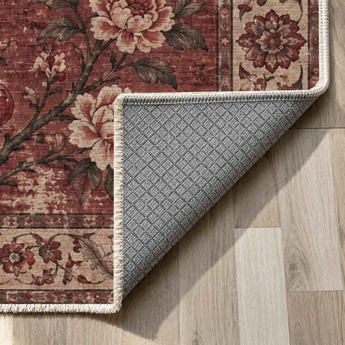 Patina Garden Burgundy Red Vintage Washable Rug — backing close up