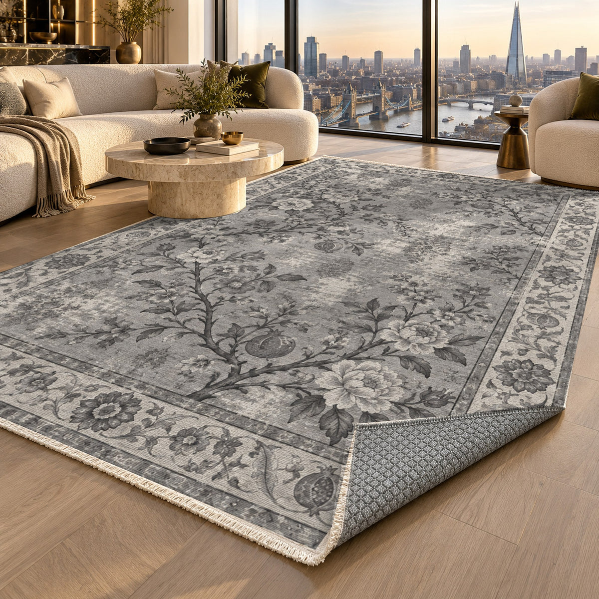 Patina Garden Charcoal Silver Vintage Washable Rug — london luxury living