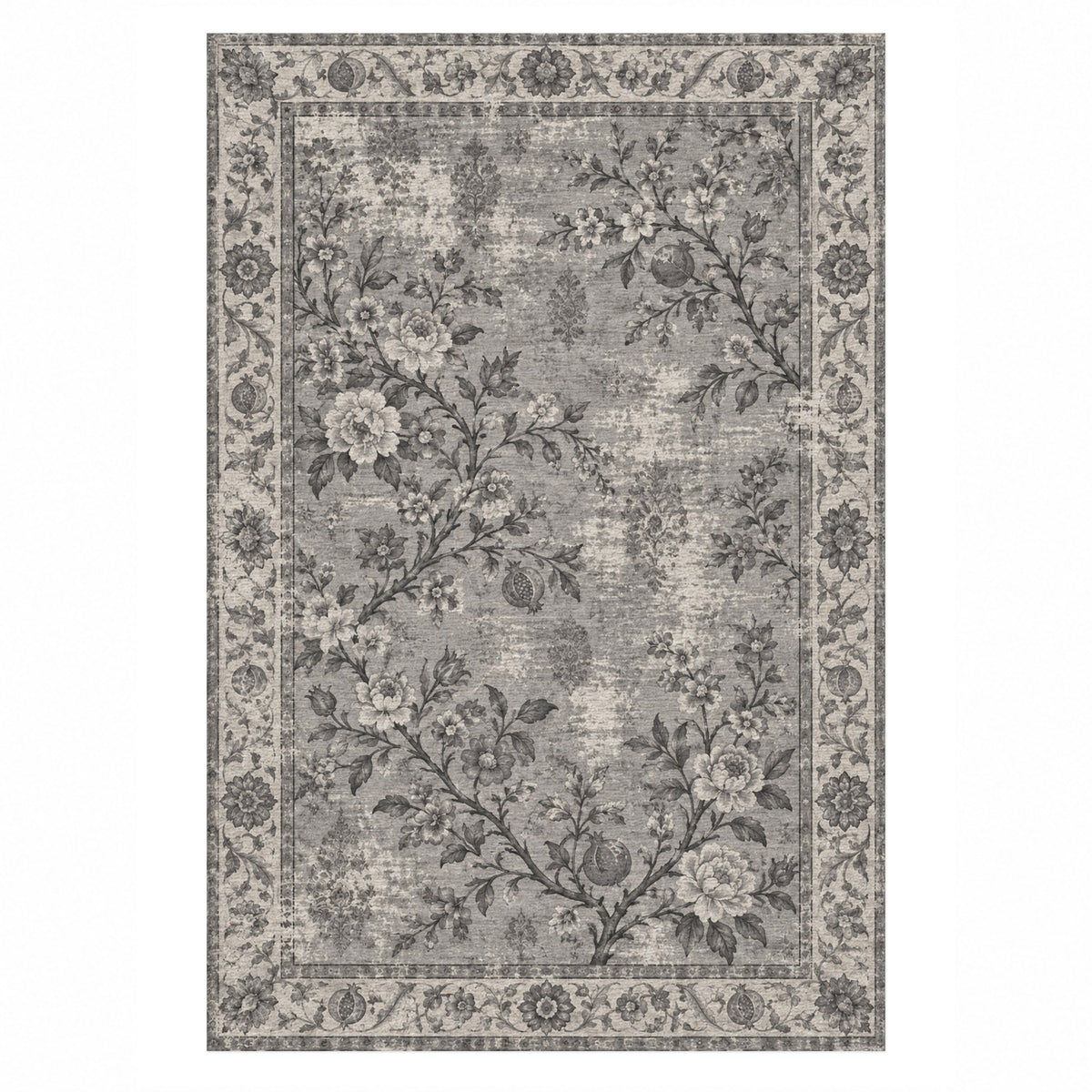 Patina Garden Charcoal Silver Vintage Washable Rug — top view