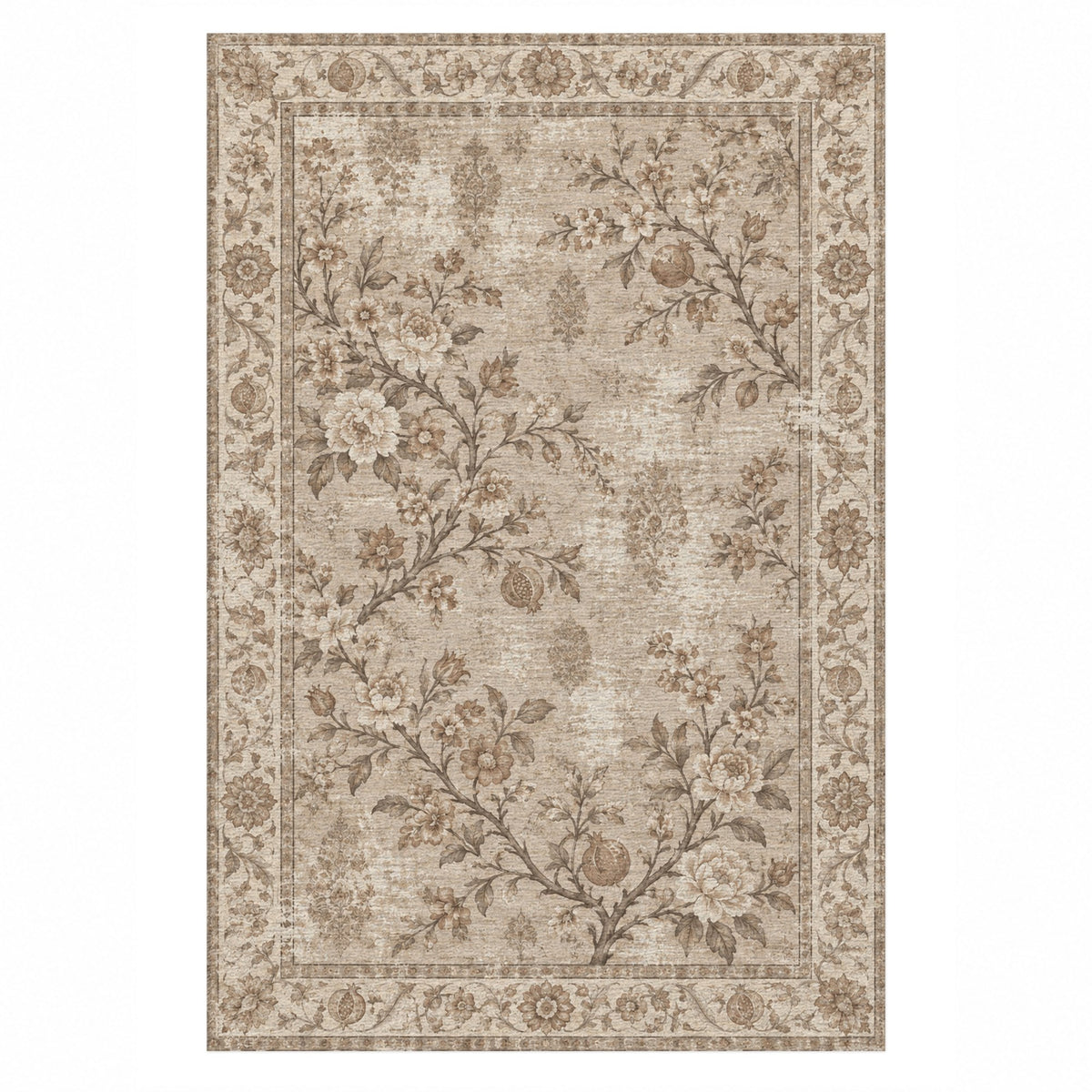 Patina Garden Ivory Taupe Vintage Washable Rug — top view