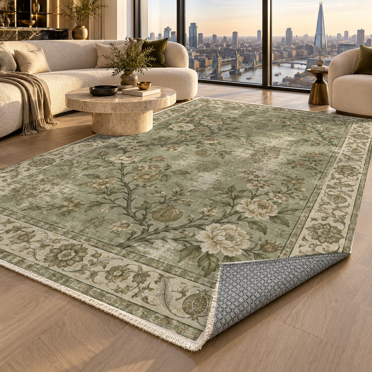 Patina Garden Olive Green Vintage Washable Rug — london luxury living