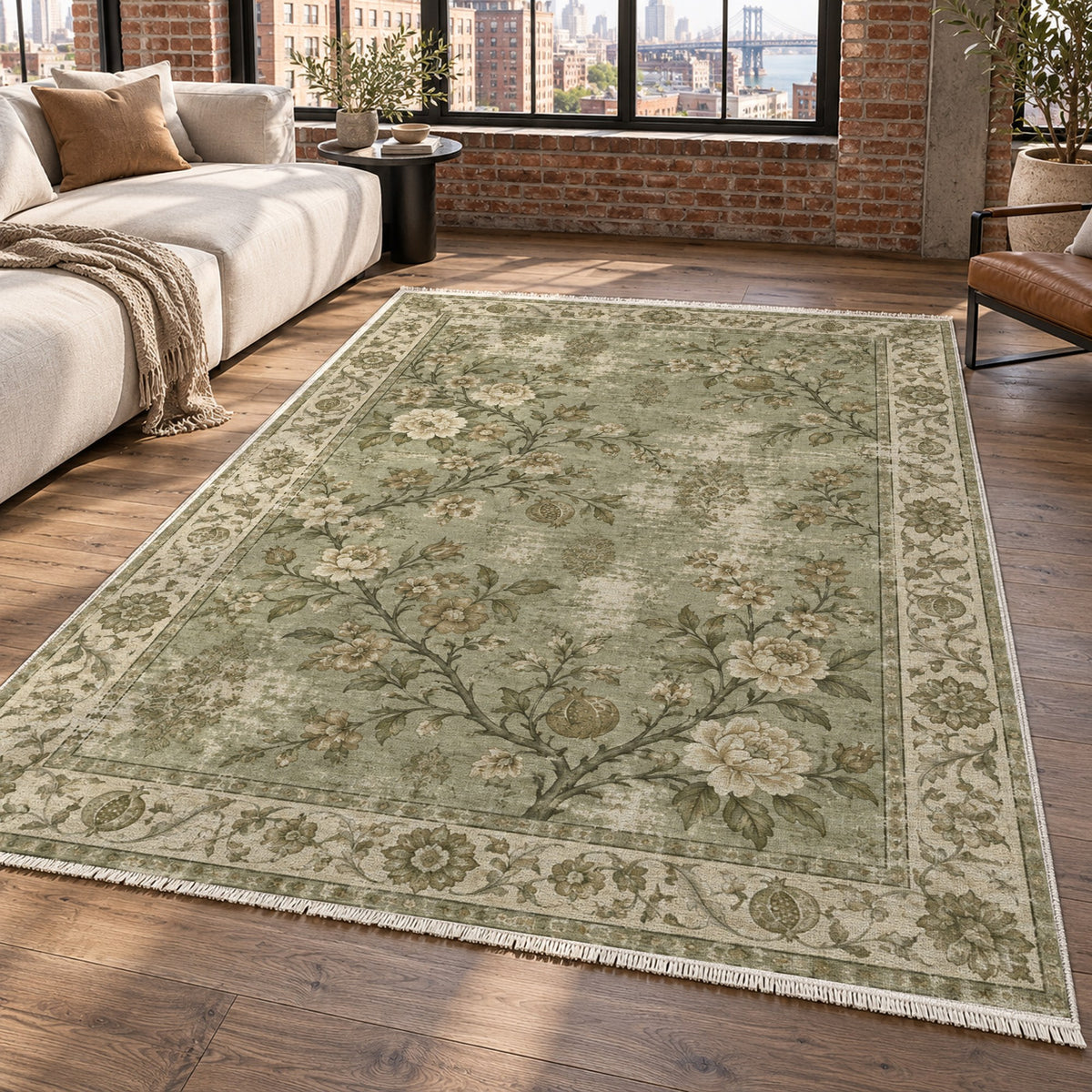 Patina Garden Olive Green Vintage Washable Rug — new york living