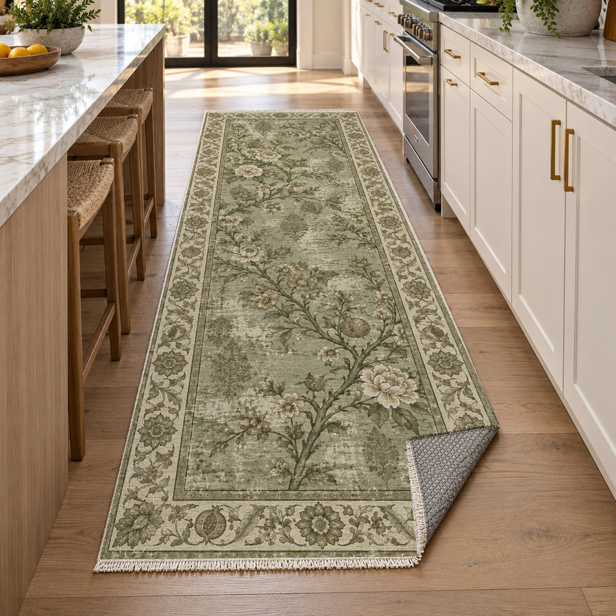 Patina Garden Olive Green Vintage Washable Rug — new york kitchen runner