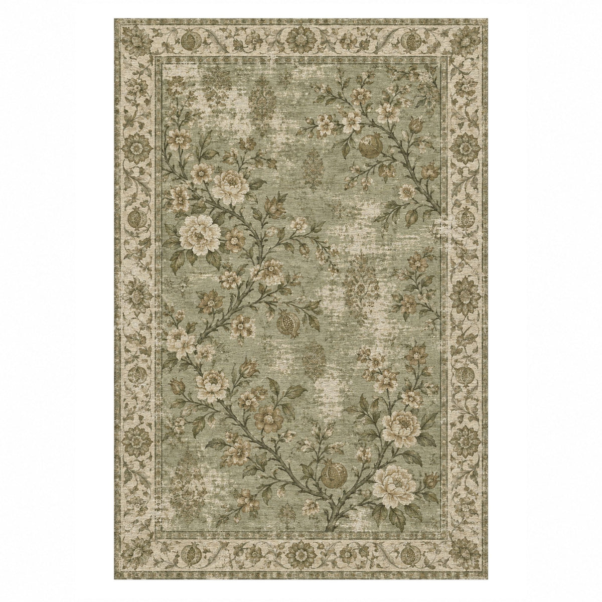 Patina Garden Olive Green Vintage Washable Rug — top view