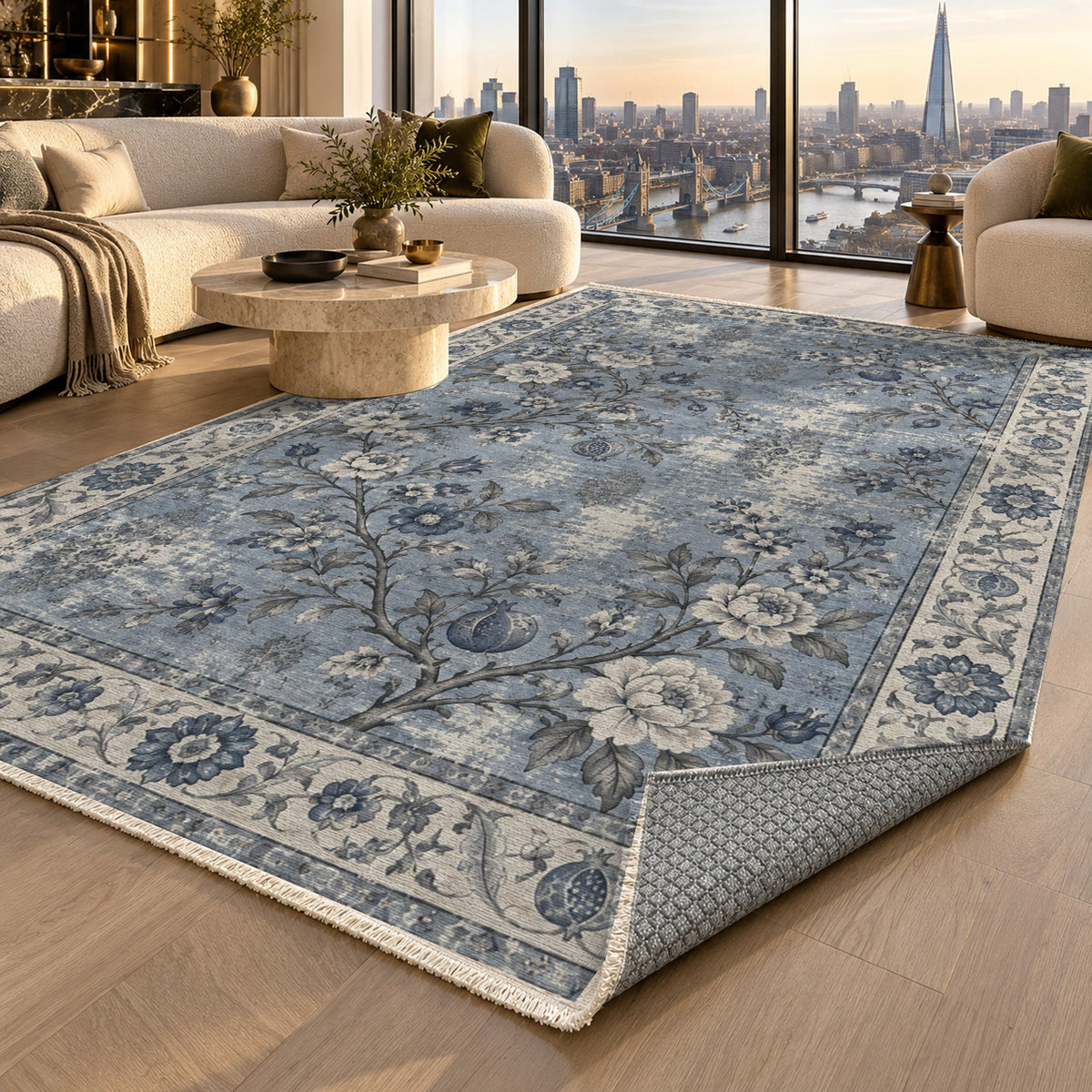 Patina Garden Slate Blue Vintage Washable Rug — london luxury living
