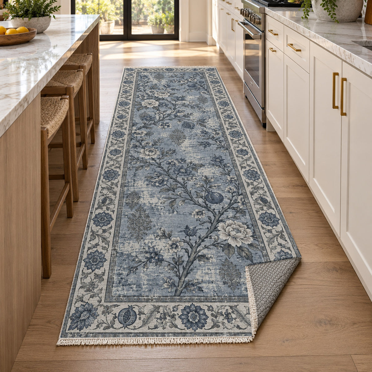 Patina Garden Slate Blue Vintage Washable Rug — new york kitchen runner