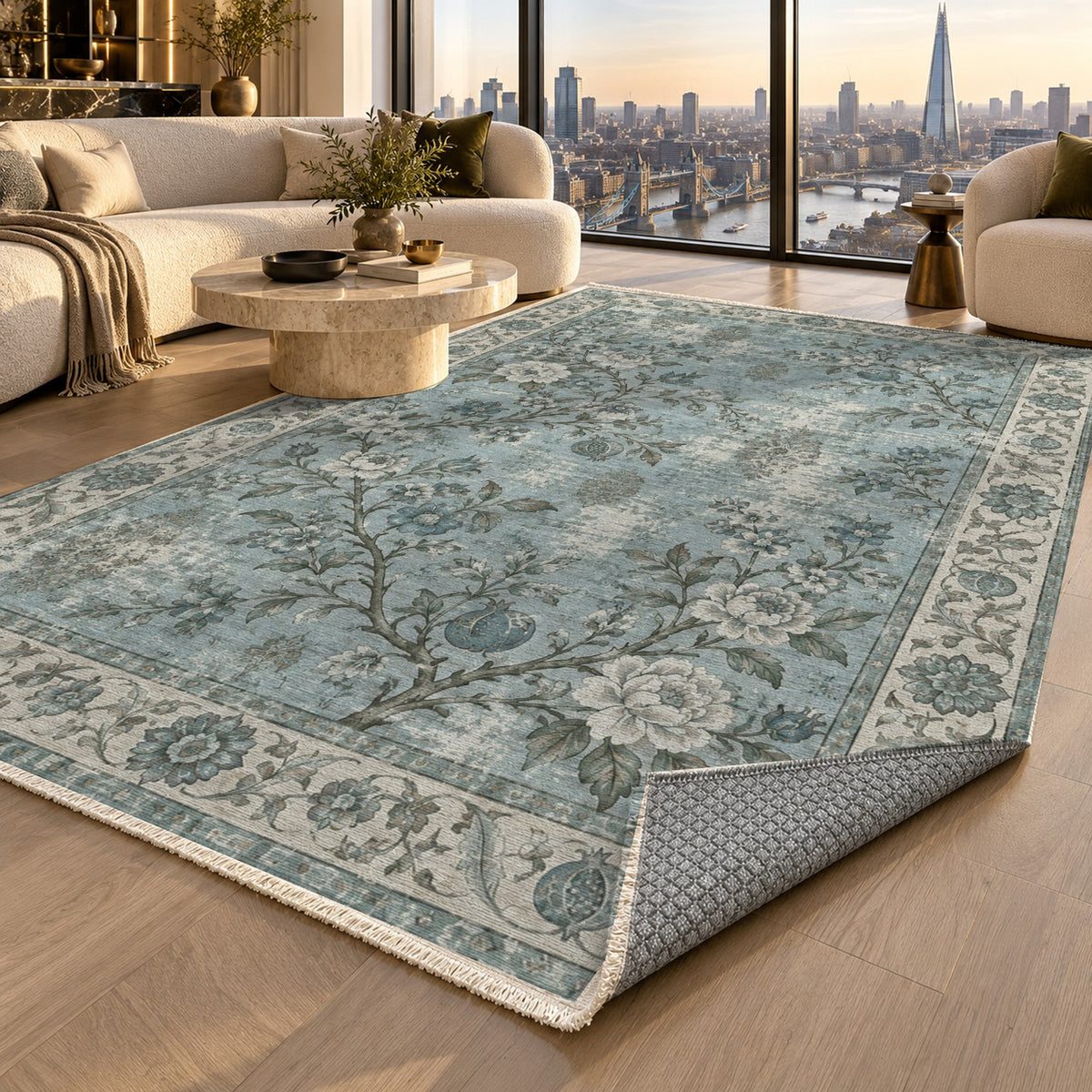 Patina Garden Turquoise Blue Vintage Washable Rug — london luxury living