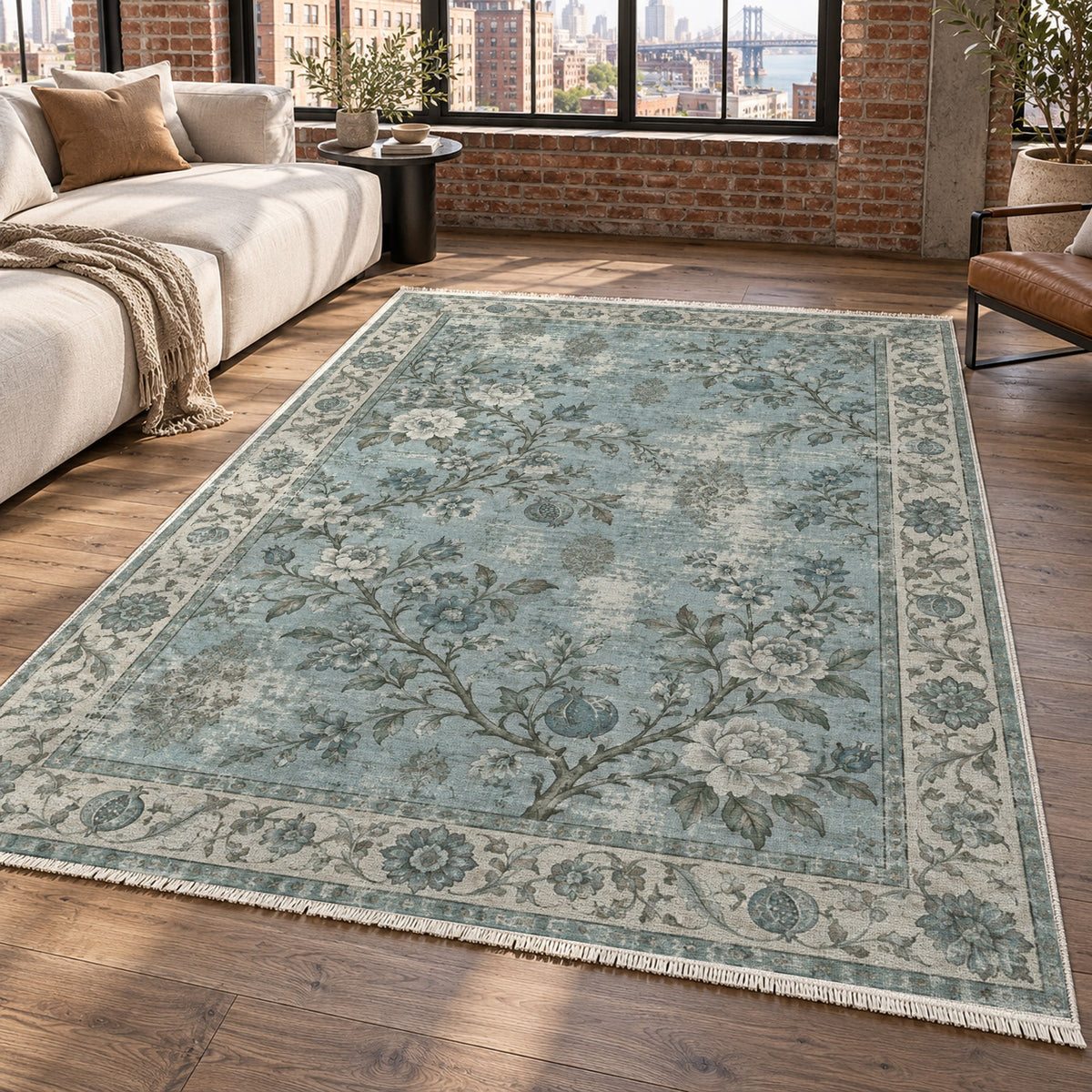 Patina Garden Turquoise Blue Vintage Washable Rug — new york living