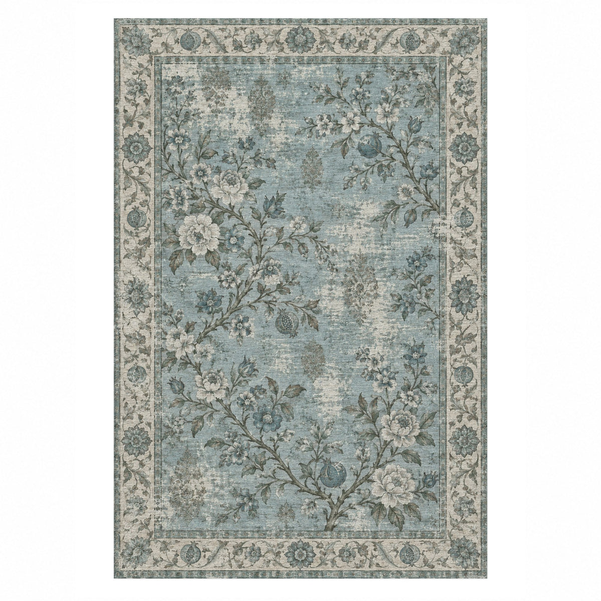 Patina Garden Turquoise Blue Vintage Washable Rug — top view