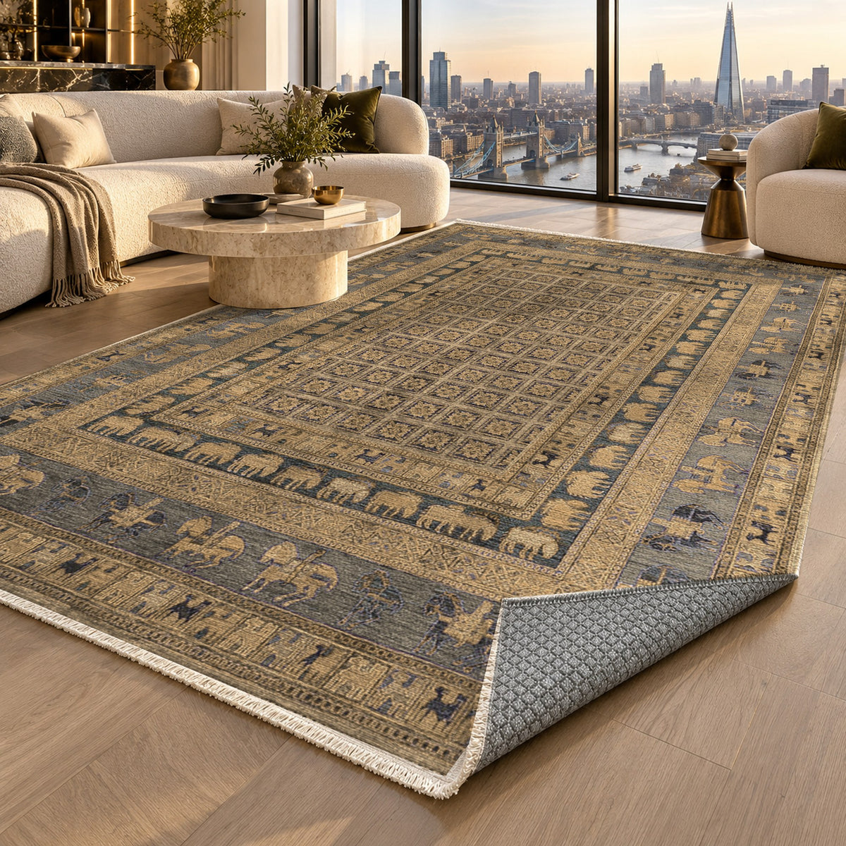 Pazyryk Beige Ethnic Washable Rug — london luxury living