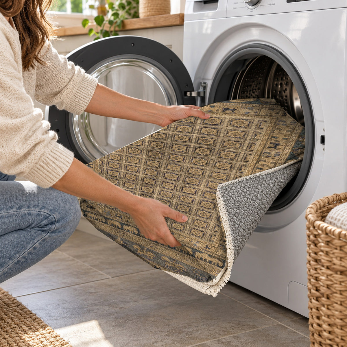 Pazyryk Beige Ethnic Washable Rug — washing machine