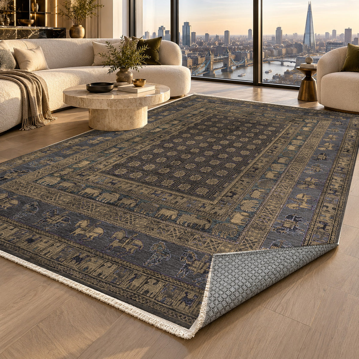 Pazyryk Black Ethnic Washable Rug — london luxury living