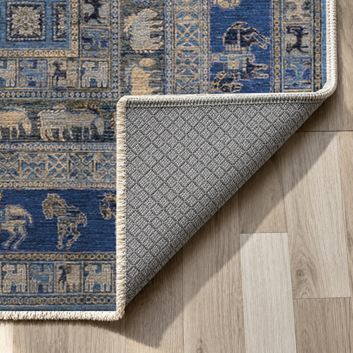 Pazyryk Blue Ethnic Washable Rug — backing close up