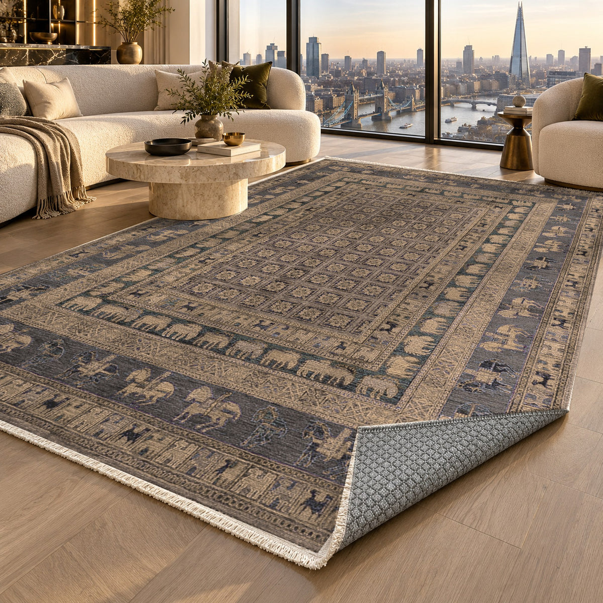Pazyryk Taupe Ethnic Washable Rug — london luxury living