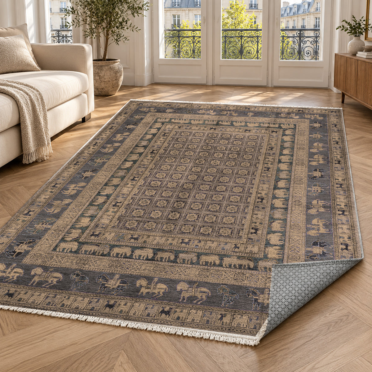 Pazyryk Taupe Ethnic Washable Rug — paris living