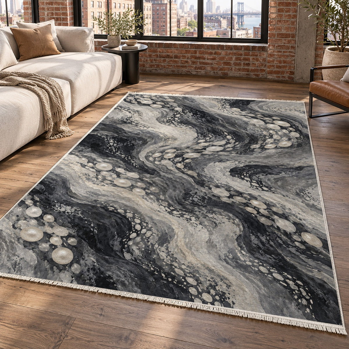 Pearl Shoals Charcoal Abstract Washable Rug — new york living
