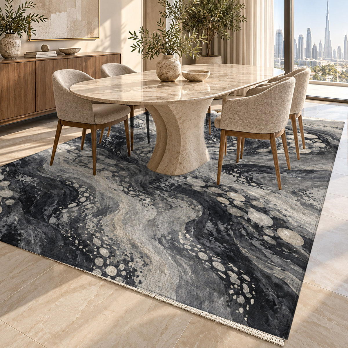 Pearl Shoals Charcoal Abstract Washable Rug — dubai dining