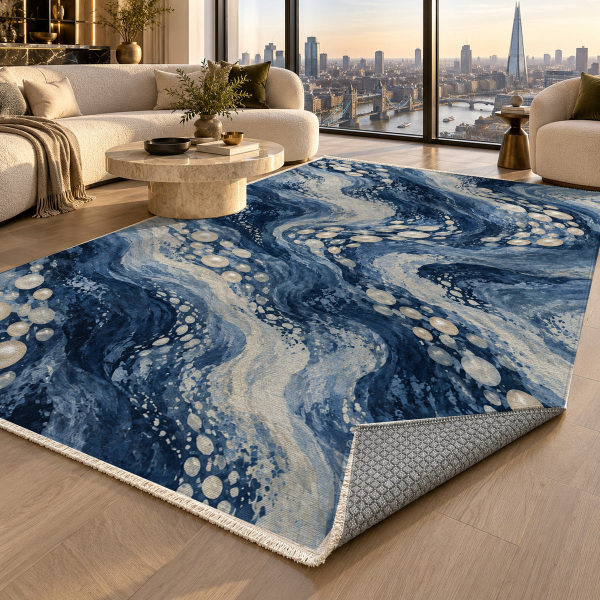 Pearl Shoals Indigo Abstract Washable Rug — london luxury living