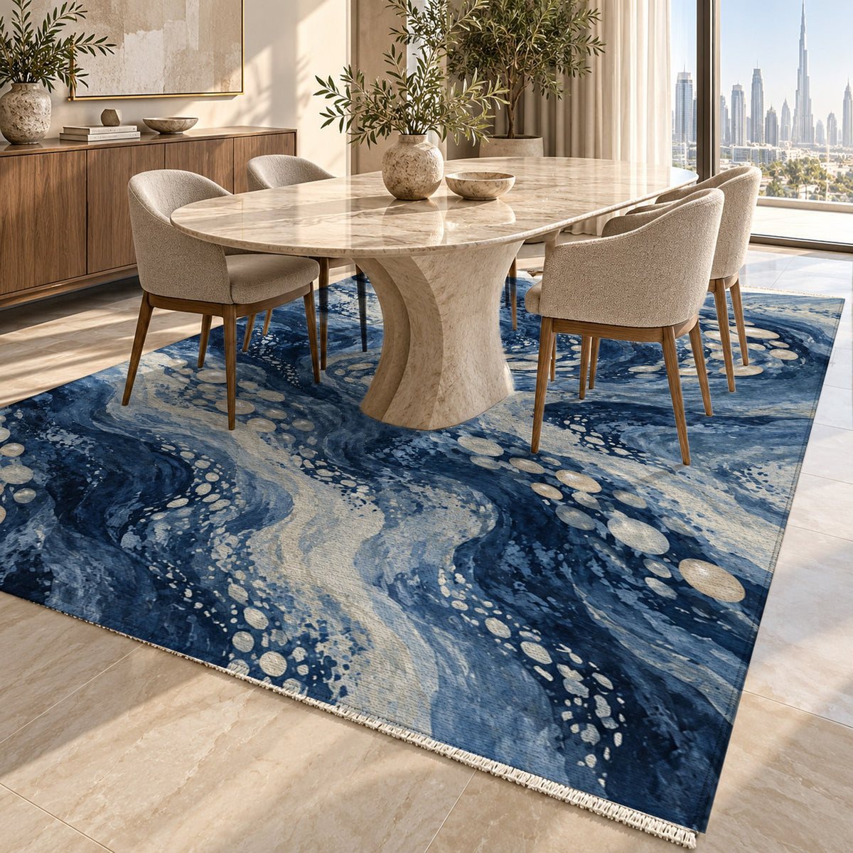 Pearl Shoals Indigo Abstract Washable Rug — dubai dining