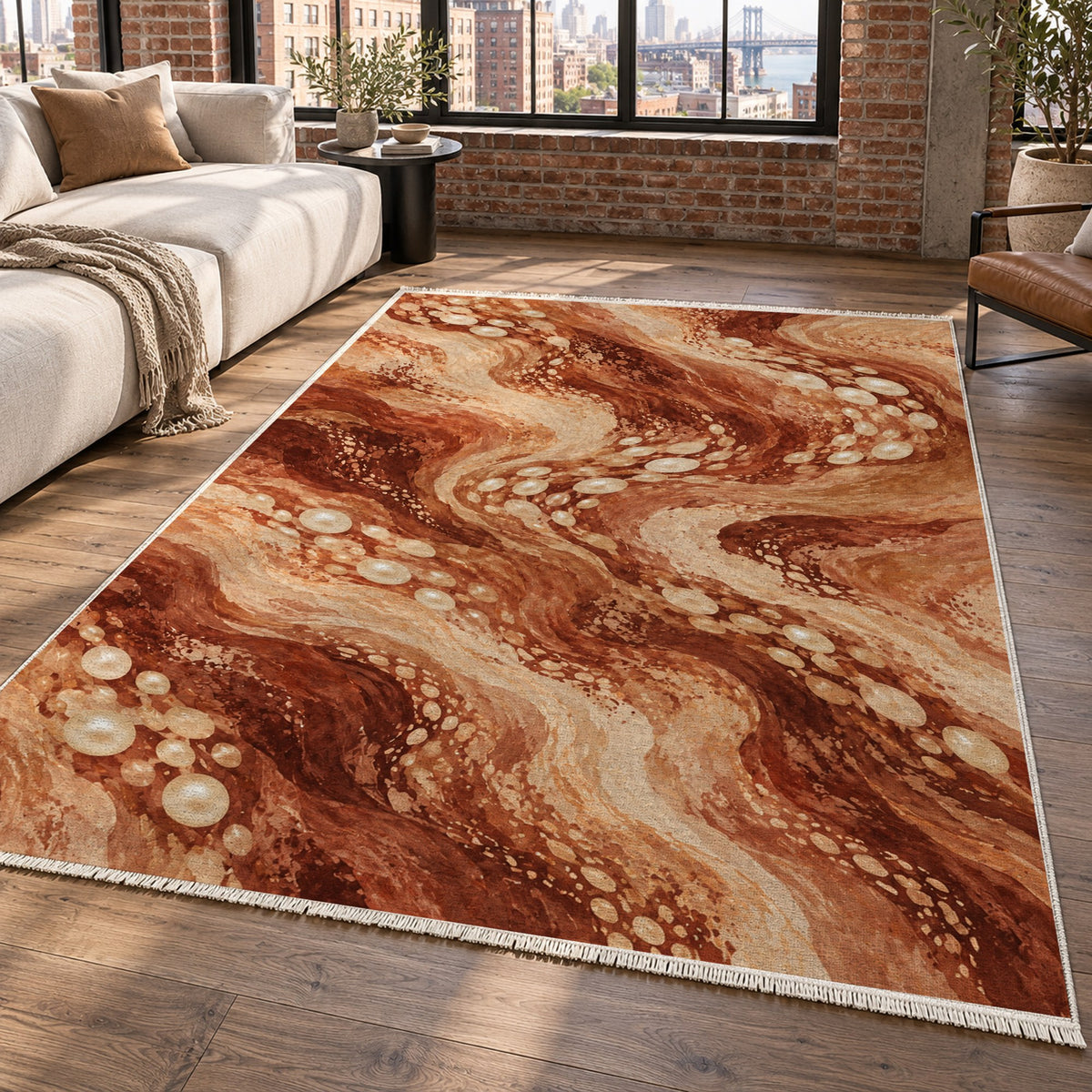 Pearl Shoals Terracotta Abstract Washable Rug — new york living