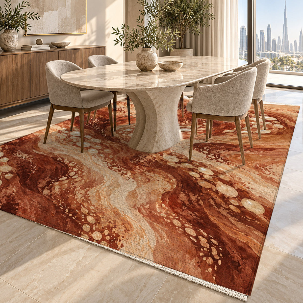 Pearl Shoals Terracotta Abstract Washable Rug — dubai dining