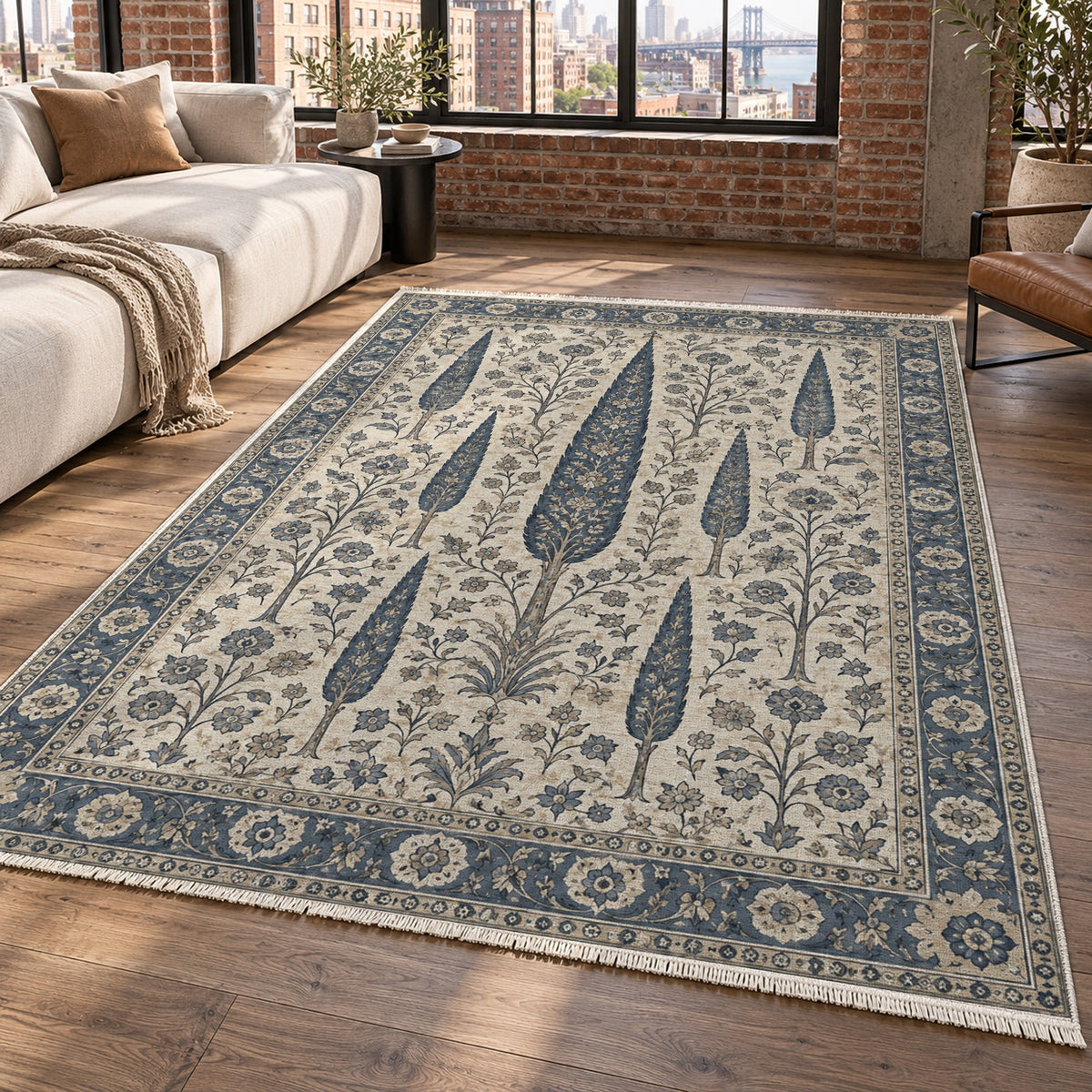 Persian Cypress Blue Ivory Classic Washable Rug — new york living