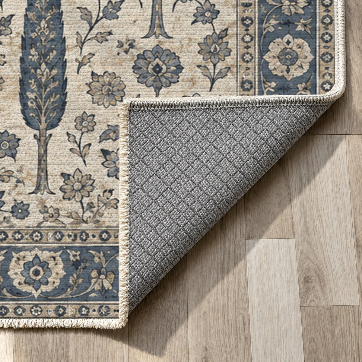 Persian Cypress Blue Ivory Classic Washable Rug — backing close up