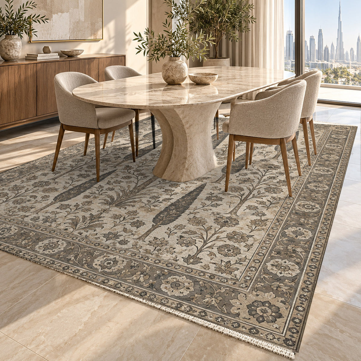 Persian Cypress Ivory Taupe Classic Washable Rug — dubai dining