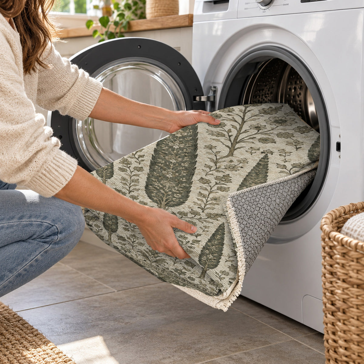 Persian Cypress Sage Stone Classic Washable Rug — washing machine