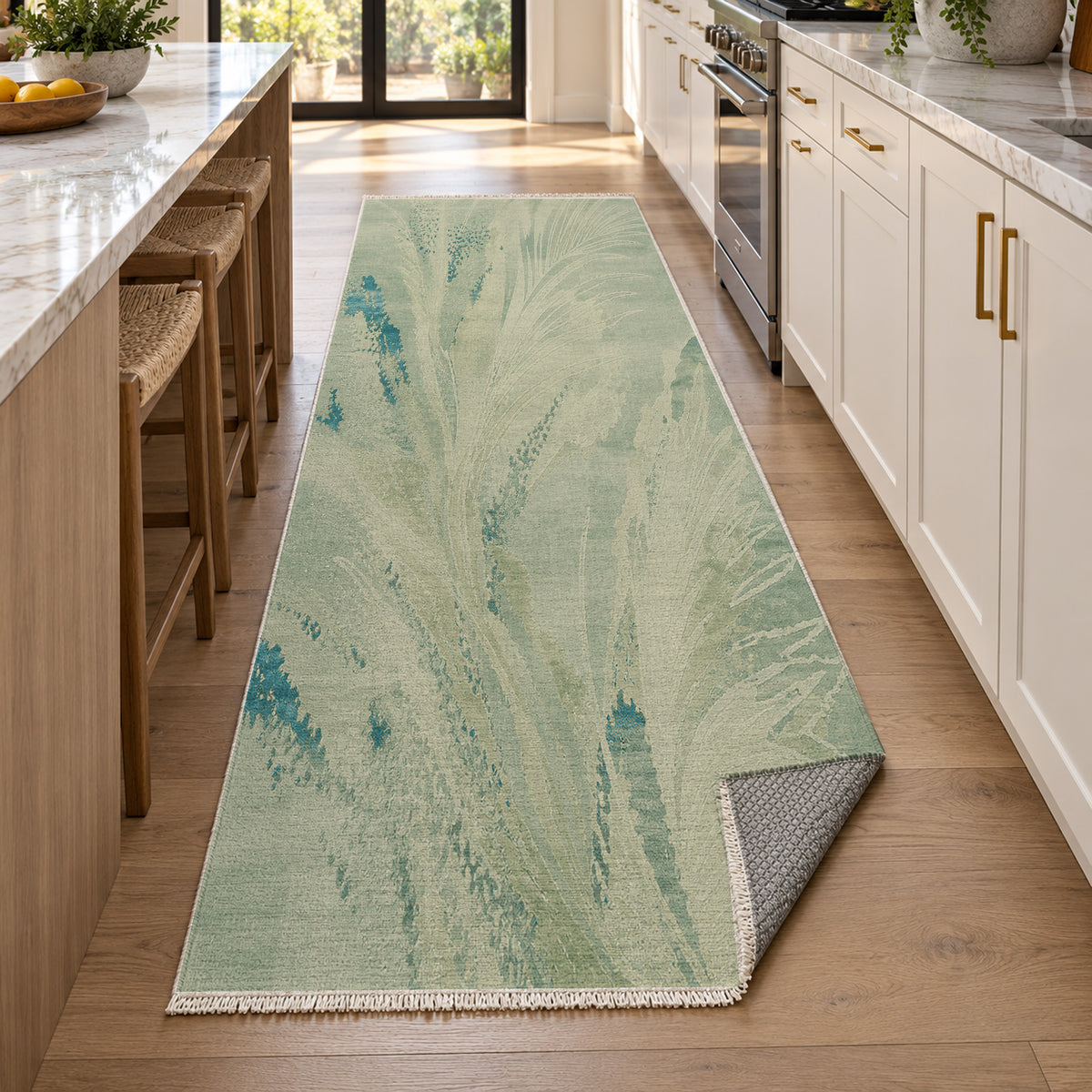 Plume Aqua Abstract Washable Rug — new york kitchen runner