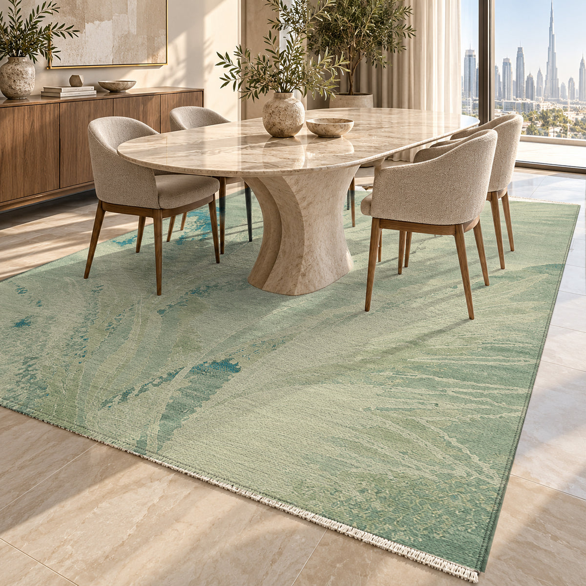 Plume Aqua Abstract Washable Rug — dubai dining