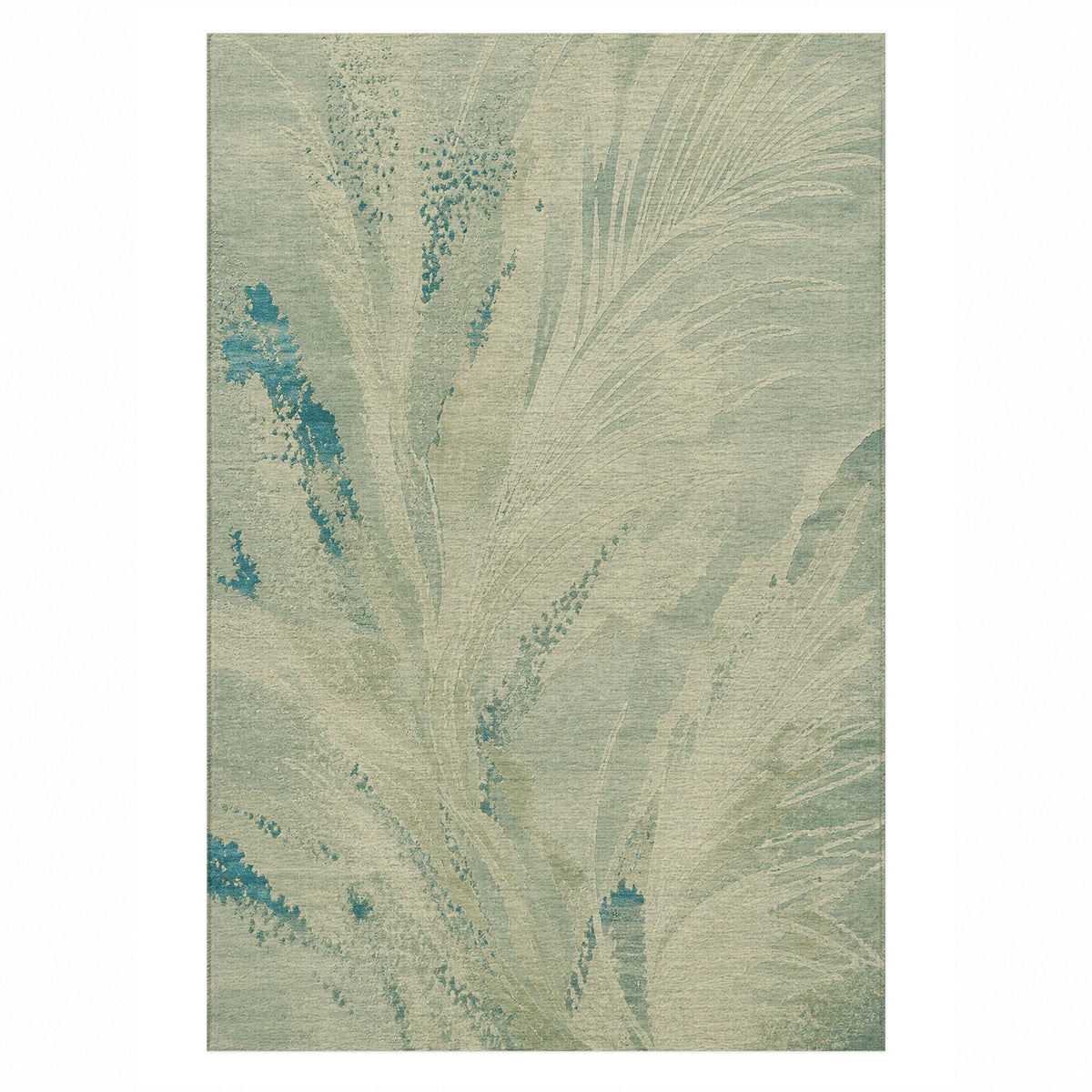 Plume Aqua Abstract Washable Rug — top view
