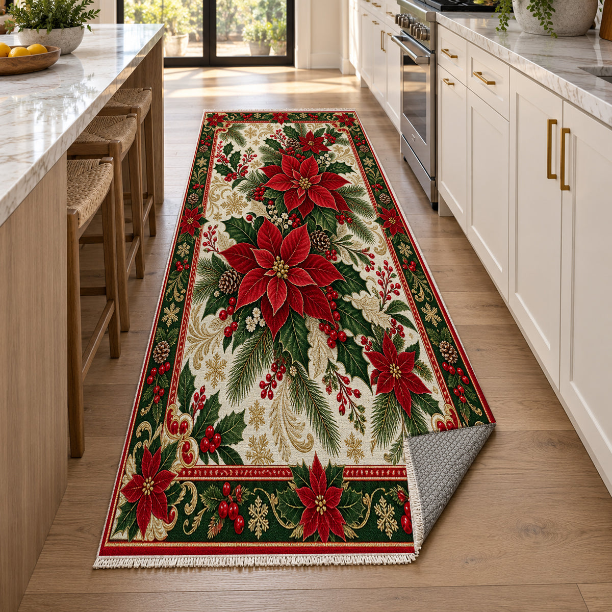 Poinsettia Ivory Washable Rug — new york kitchen runner