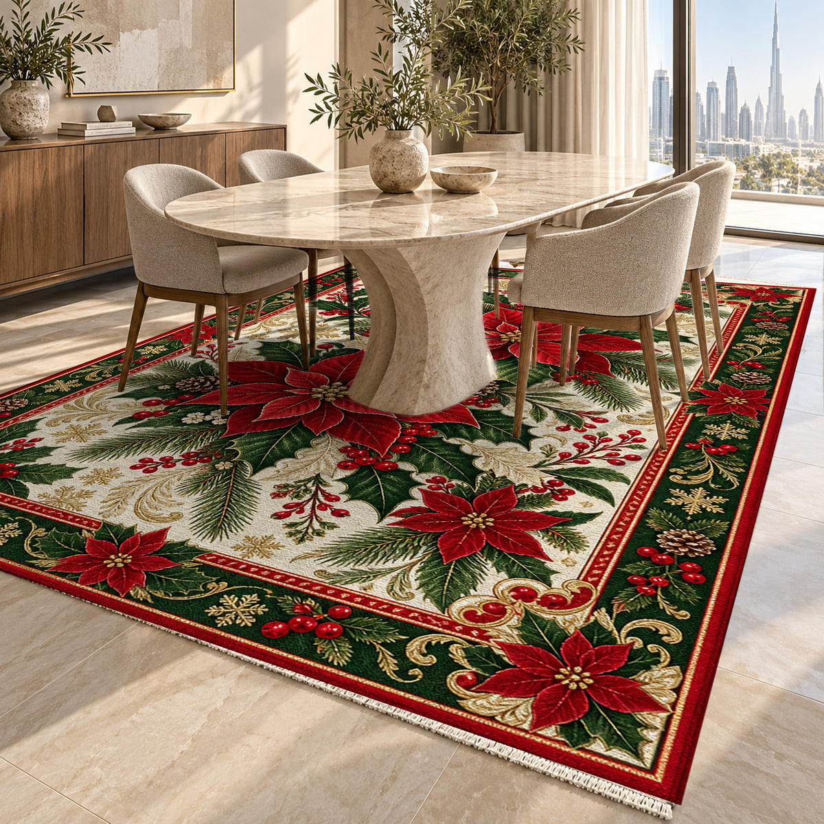 Poinsettia Ivory Washable Rug — dubai dining
