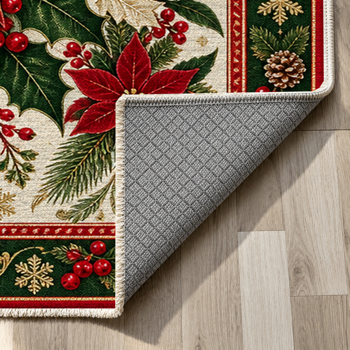 Poinsettia Ivory Washable Rug — backing close up